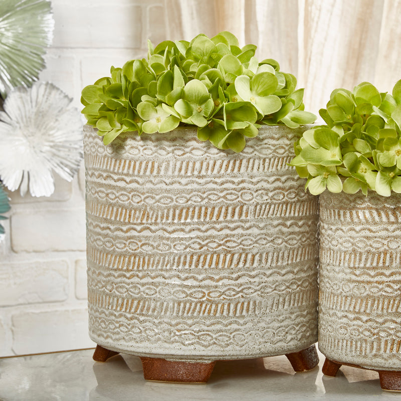 S/2 Ceramic Tribal Look 6/8" Planters, Ivory image