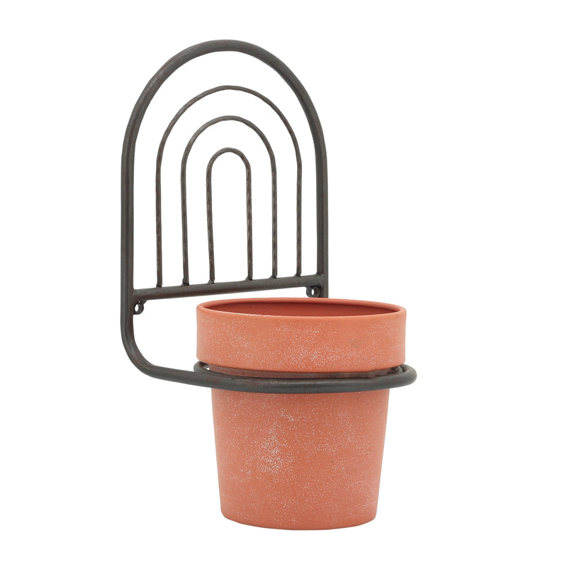 Metal, 11"h Wall Planter, Black/terracotta image