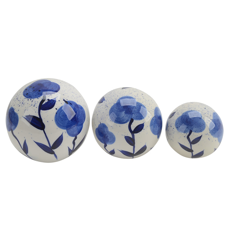 Cer, S/3 Flower Painted Orbs, 4/5/6" Blue image